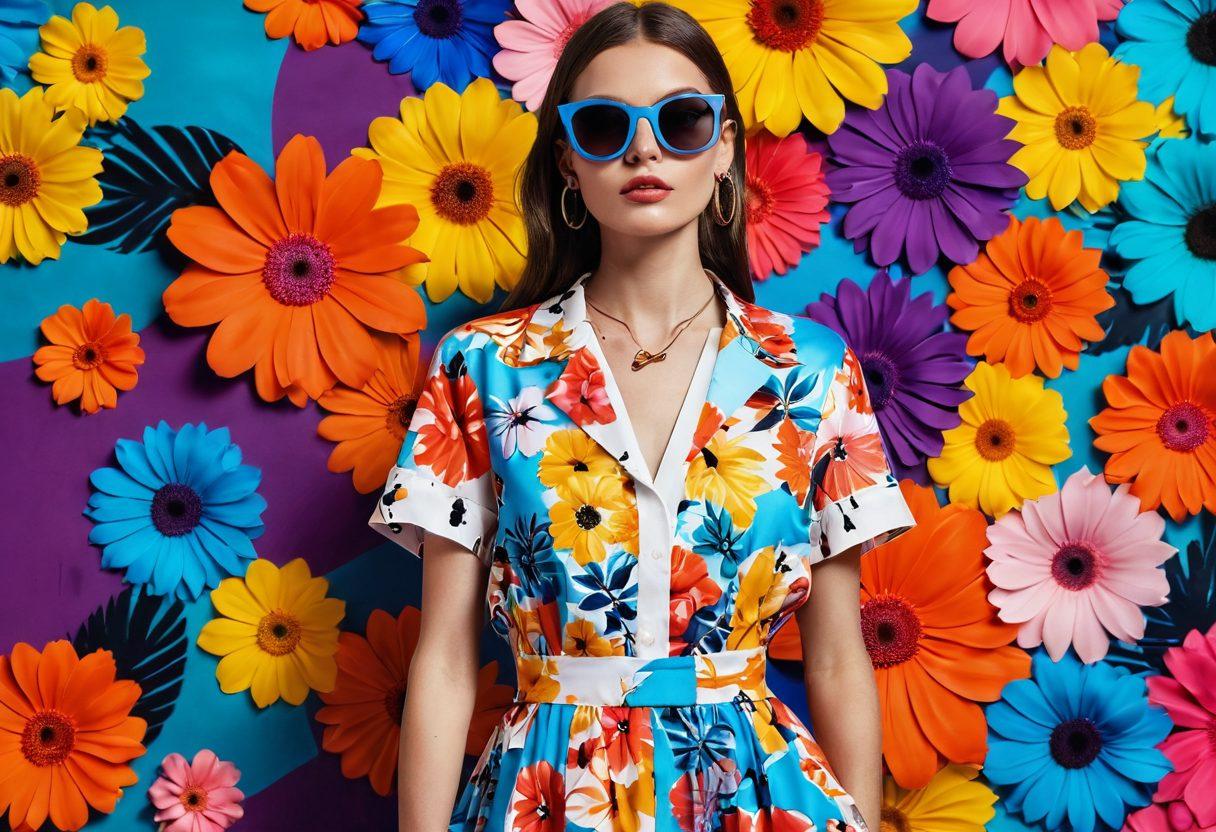 A stylish summer scene showcasing a vibrant fashion transformation, featuring a model transitioning from a melancholic outfit to a playful, edgy style. The background should pulsate with bright colors, including bold floral patterns and abstract designs, symbolizing a shift in mood. Incorporate edgy accessories like oversized sunglasses and statement jewelry to enhance the playful vibe. Overall, the composition should evoke a sense of joy and creativity, capturing the essence of summer fashion evolution. super-realistic. vibrant colors. dynamic background.